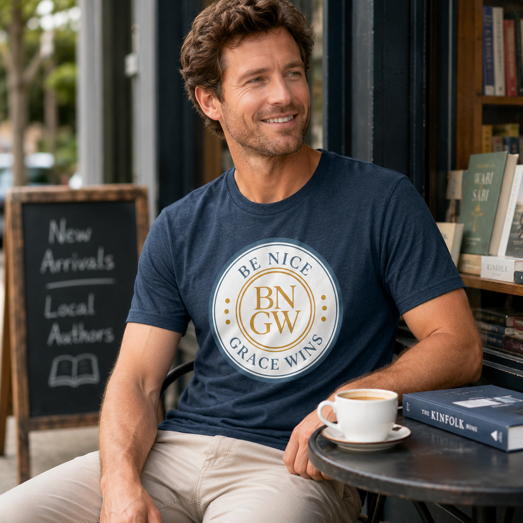 Man wearing the Tri-Blend Tee in Vintage Navy at an outdoor bookstore table