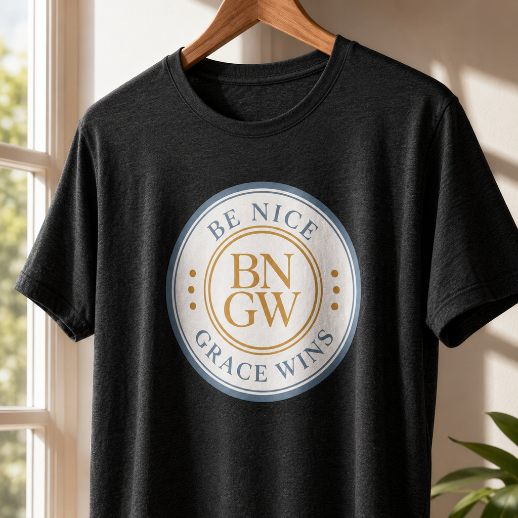 Tri-Blend Tee in Heather Black hanging near a sunny window