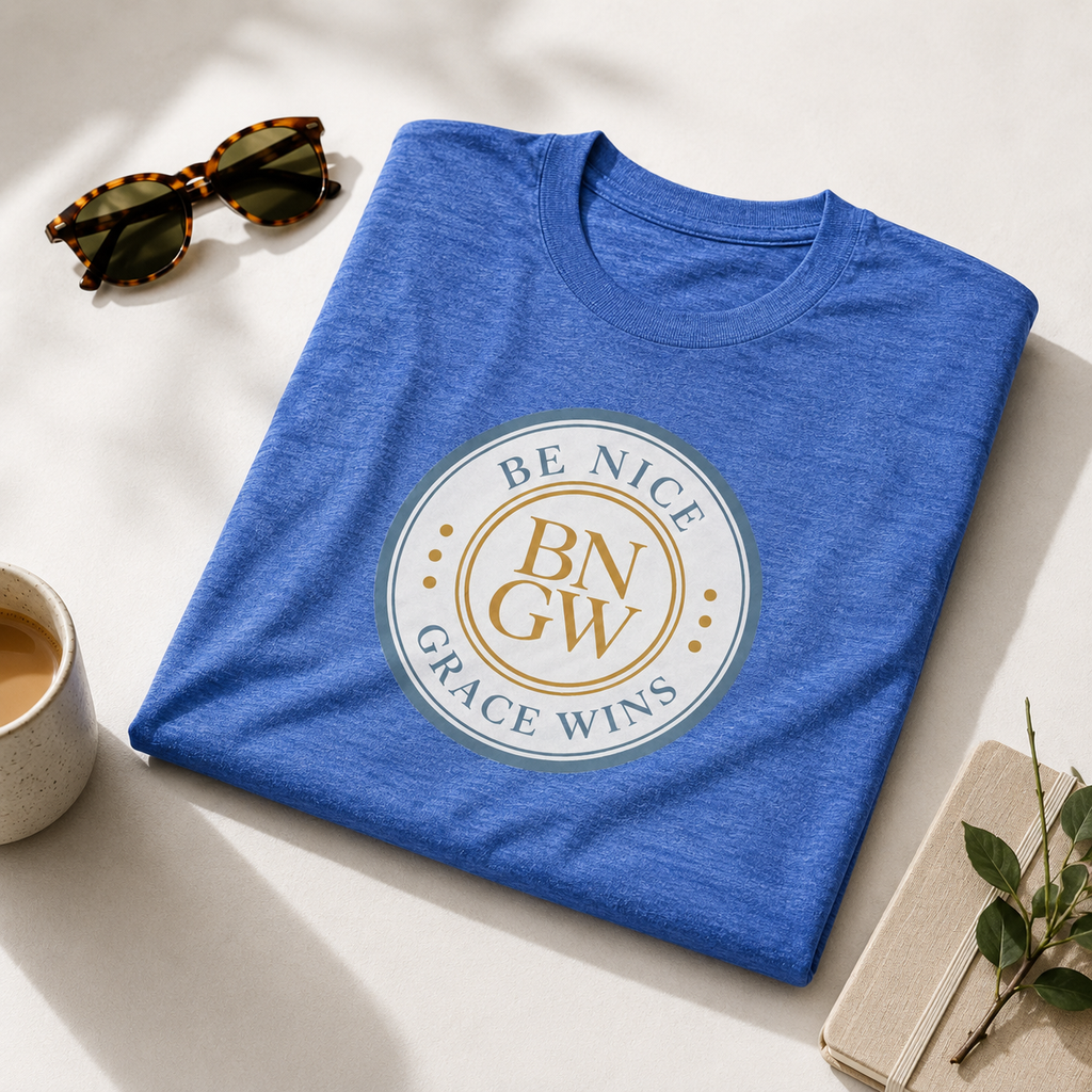Tri-Blend Tee in Royal Blue folded with sunglasses and coffee