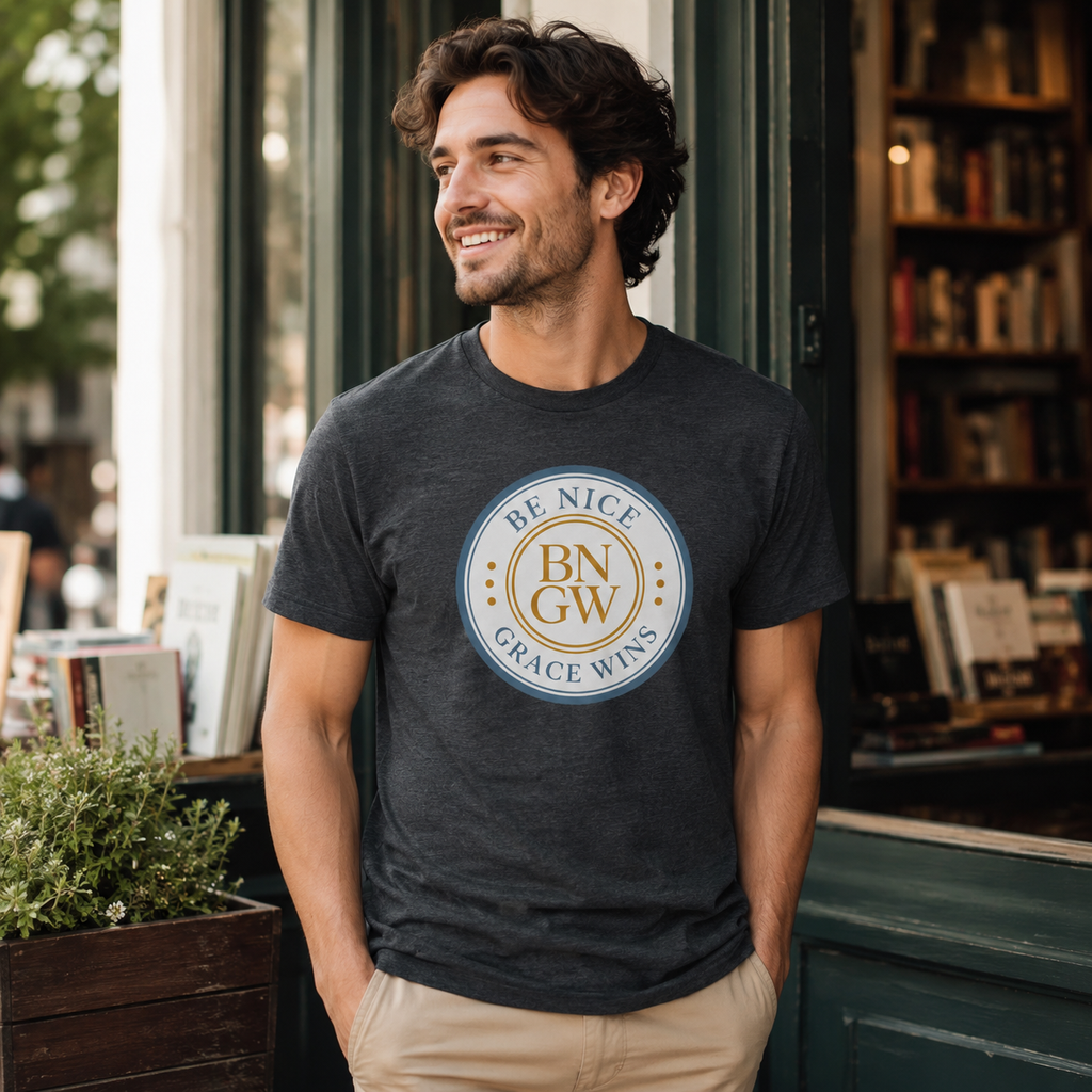 Man wearing the Tri-Blend Tee in Heather Black outside a bookstore