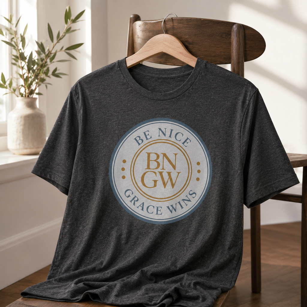 Tri-Blend Tee in Heather Black hanging on a wooden chair