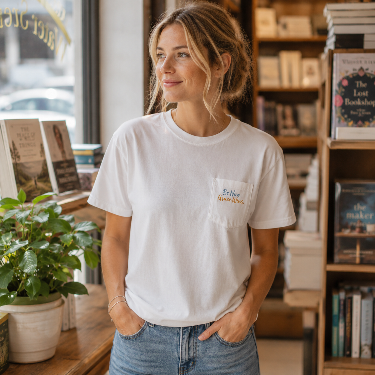 Woman wearing the Everyday Pocket Tee in White inside a bookstore