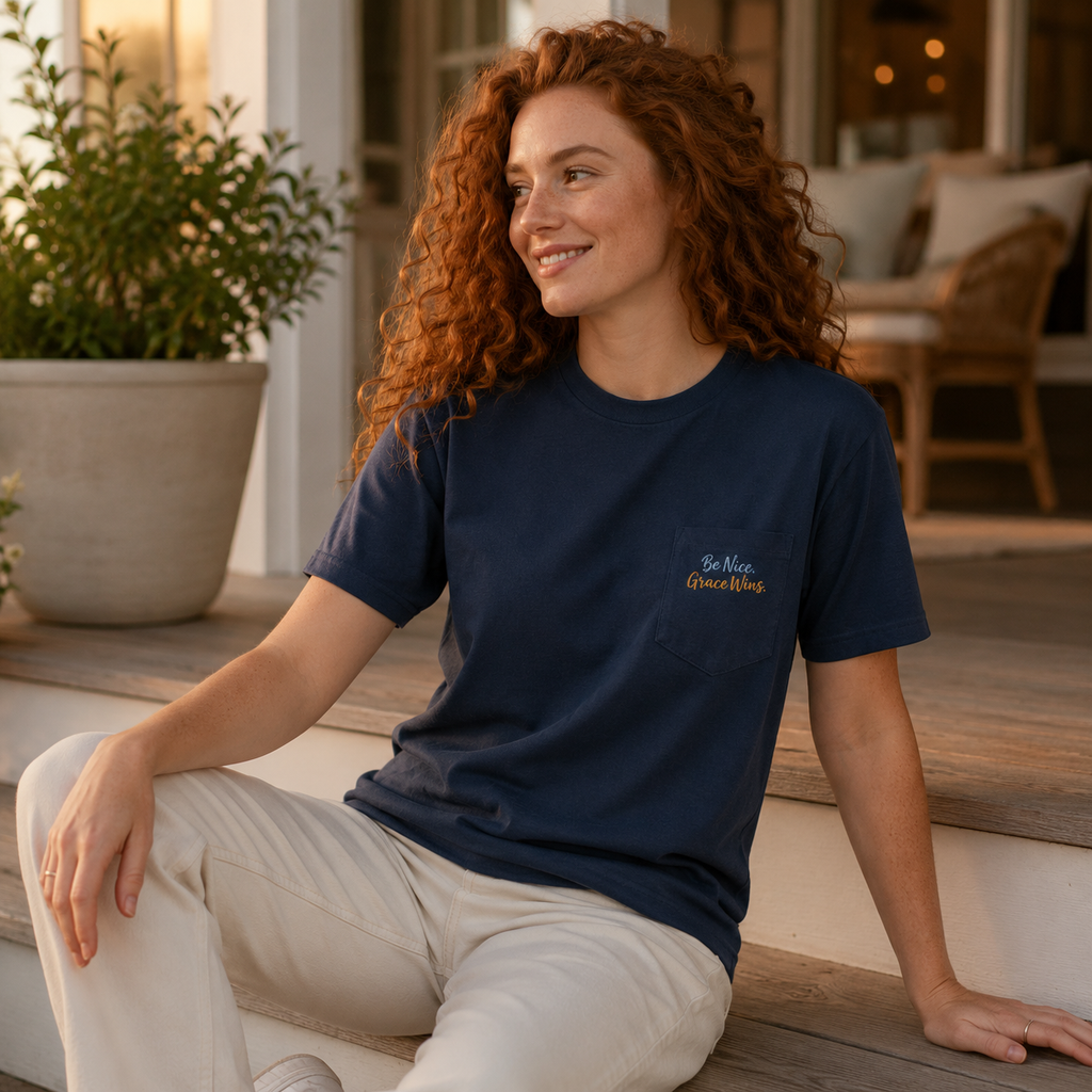 Woman wearing the Everyday Pocket Tee in Navy on a porch