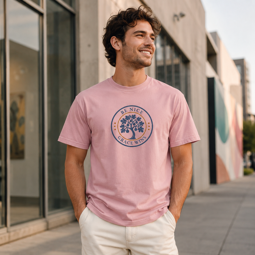 Man wearing the Heritage Badge Tee in Blossom outside a storefront