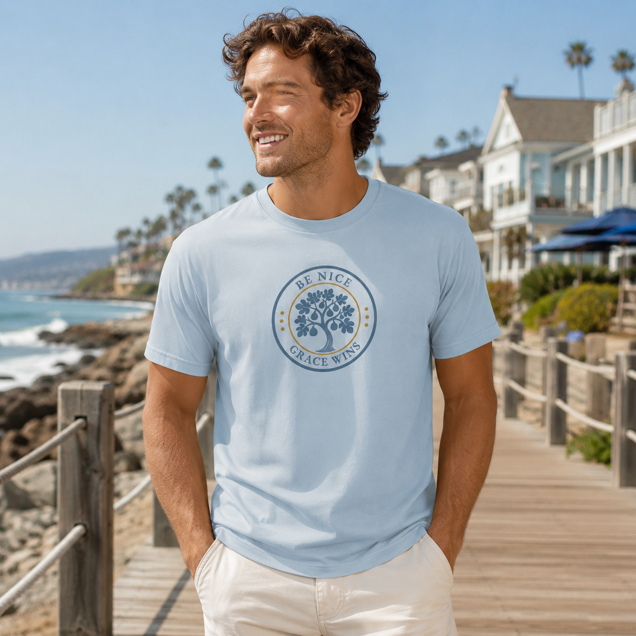 Man wearing the Heritage Badge Tee in Chambray on a coastal boardwalk