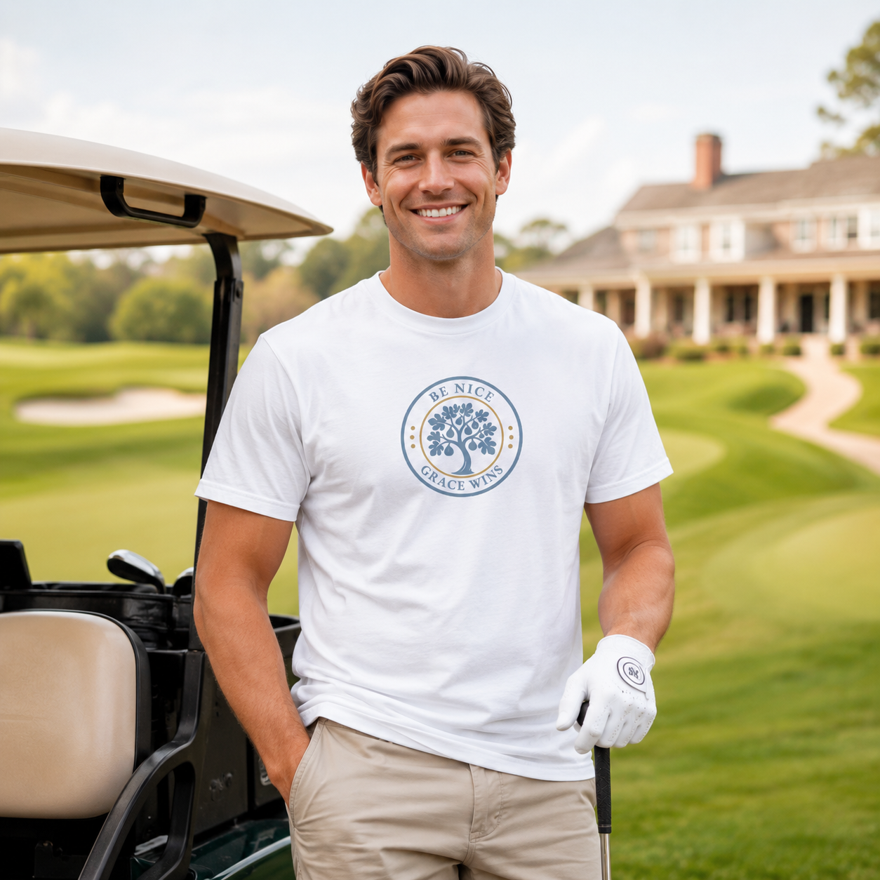 Man wearing the Heritage Badge Tee in White on a golf course