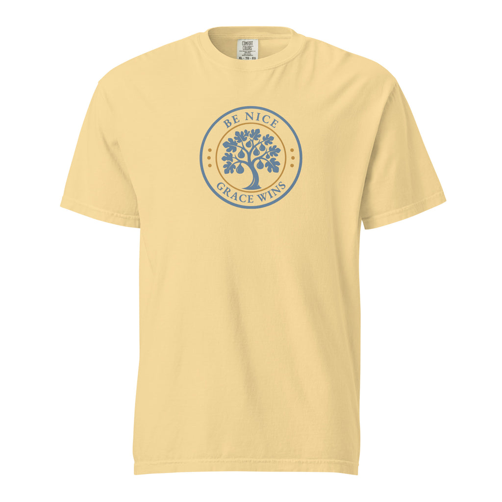 Heritage Badge Tee in Butter - front view with BNGW fig tree emblem