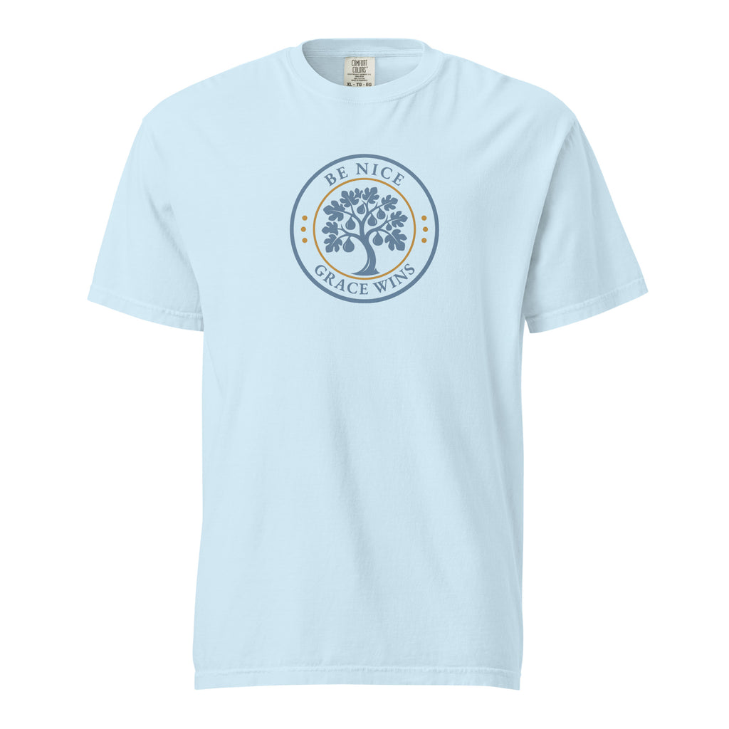 Heritage Badge Tee in Light Blue - front view with BNGW fig tree emblem