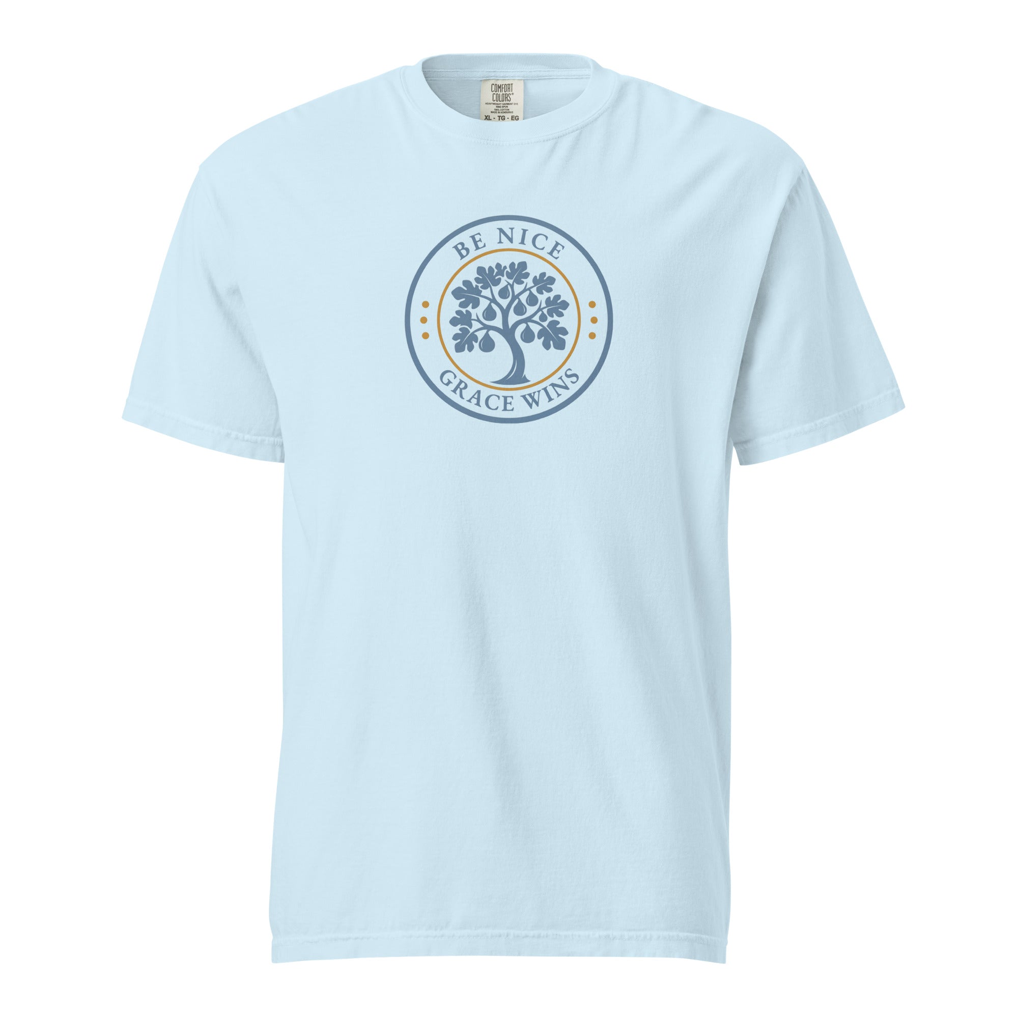 Heritage Badge Tee in Light Blue - front view with BNGW fig tree emblem