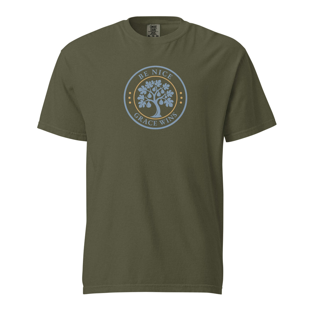 Heritage Badge Tee in Sage - front view with BNGW fig tree emblem