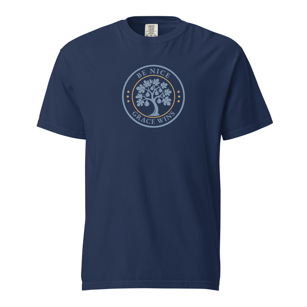 Heritage Badge Tee in Navy - front view with BNGW fig tree emblem