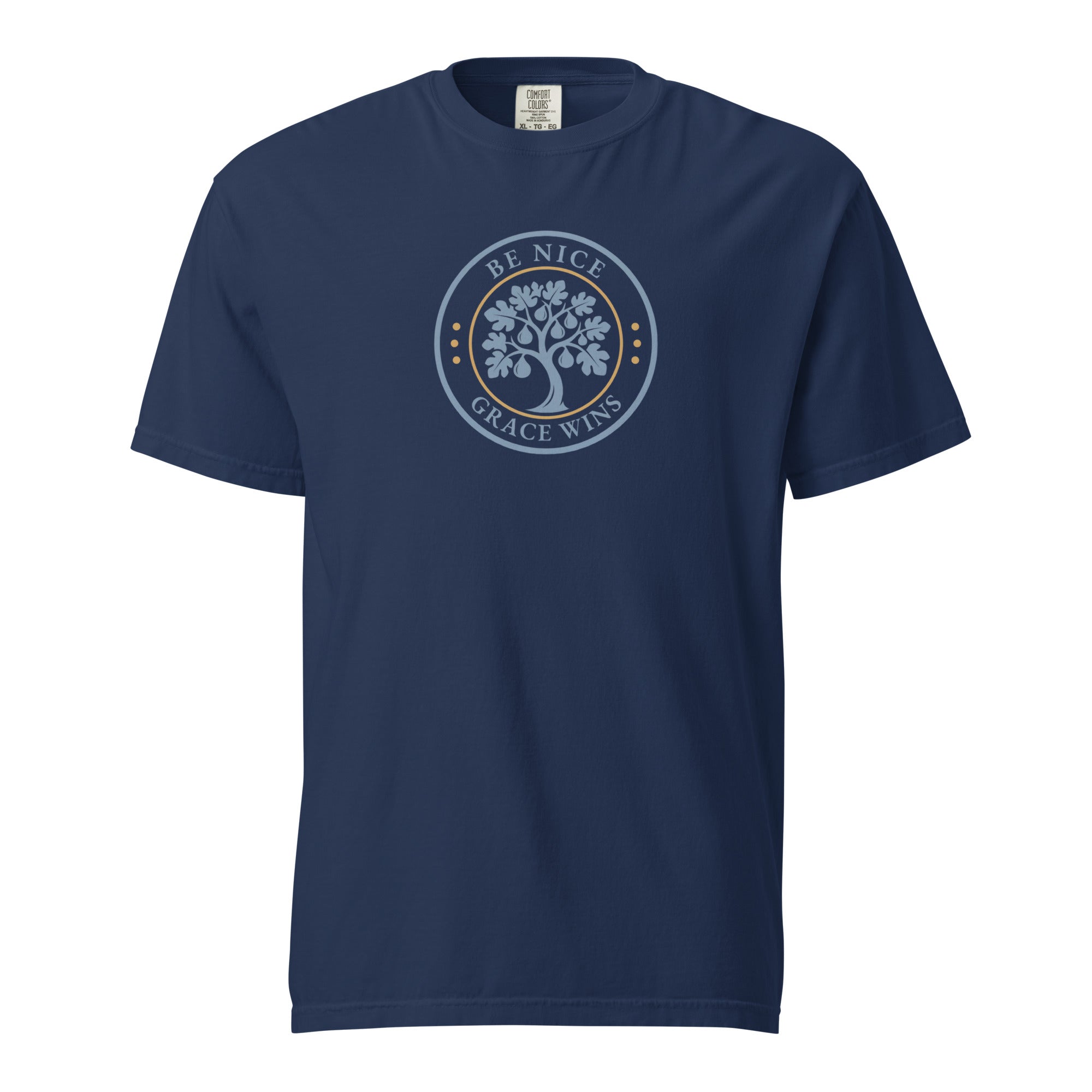 Heritage Badge Tee in Navy - front view with BNGW fig tree emblem
