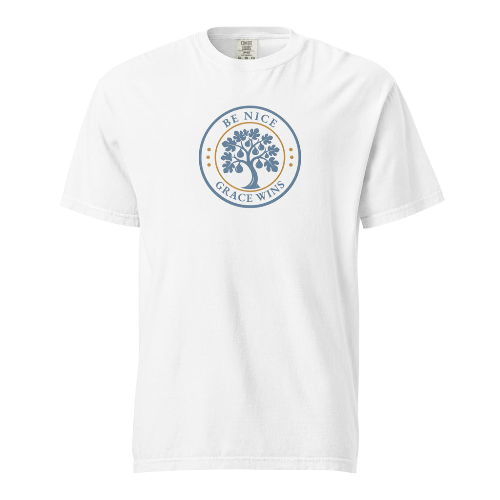 Heritage Badge Tee in White - front view with BNGW fig tree emblem
