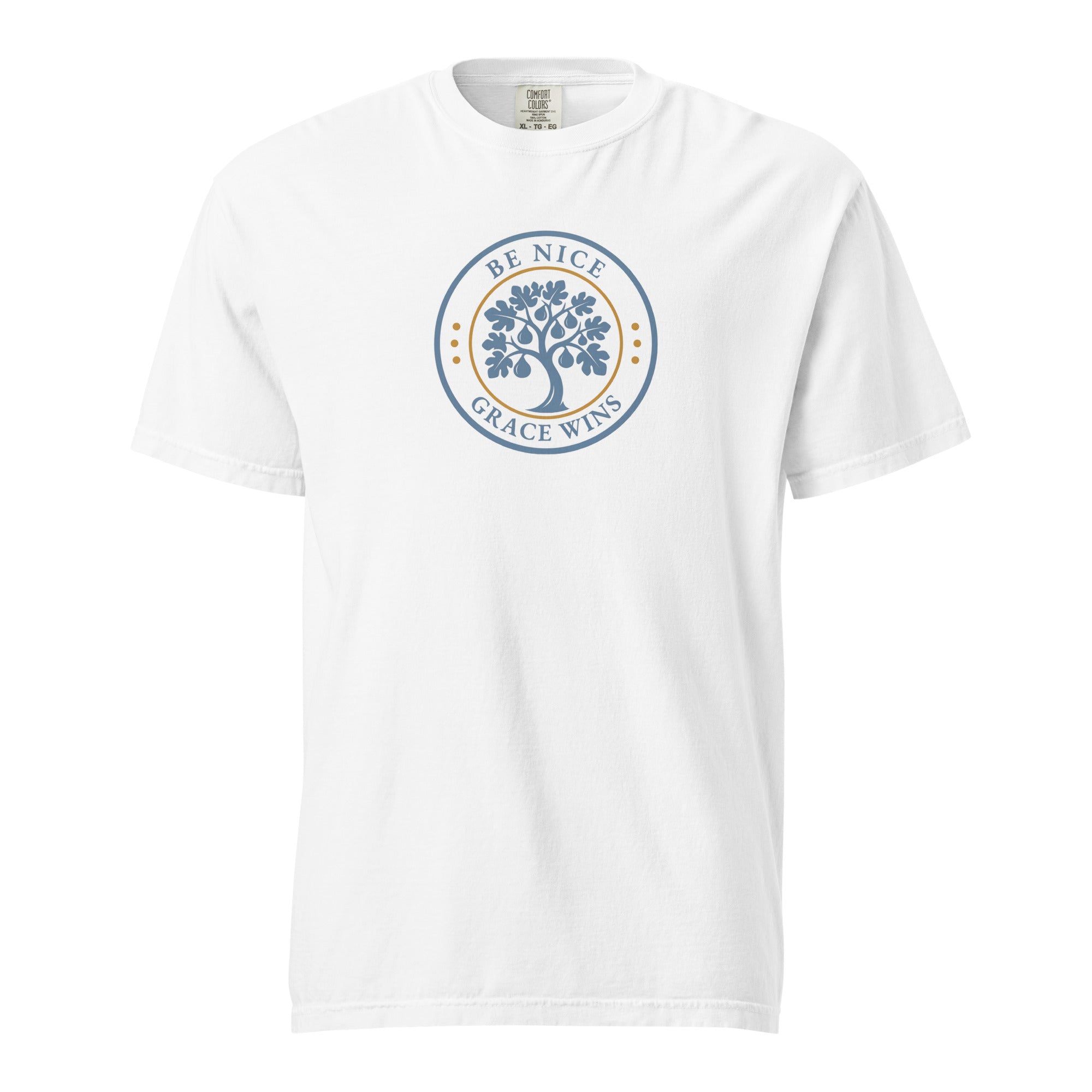 Heritage Badge Tee in White - front view with BNGW fig tree emblem