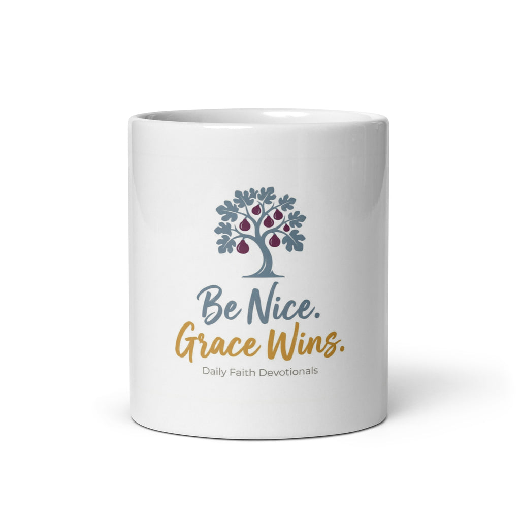 Be Nice Grace Wins Ceramic Mug, front white view
