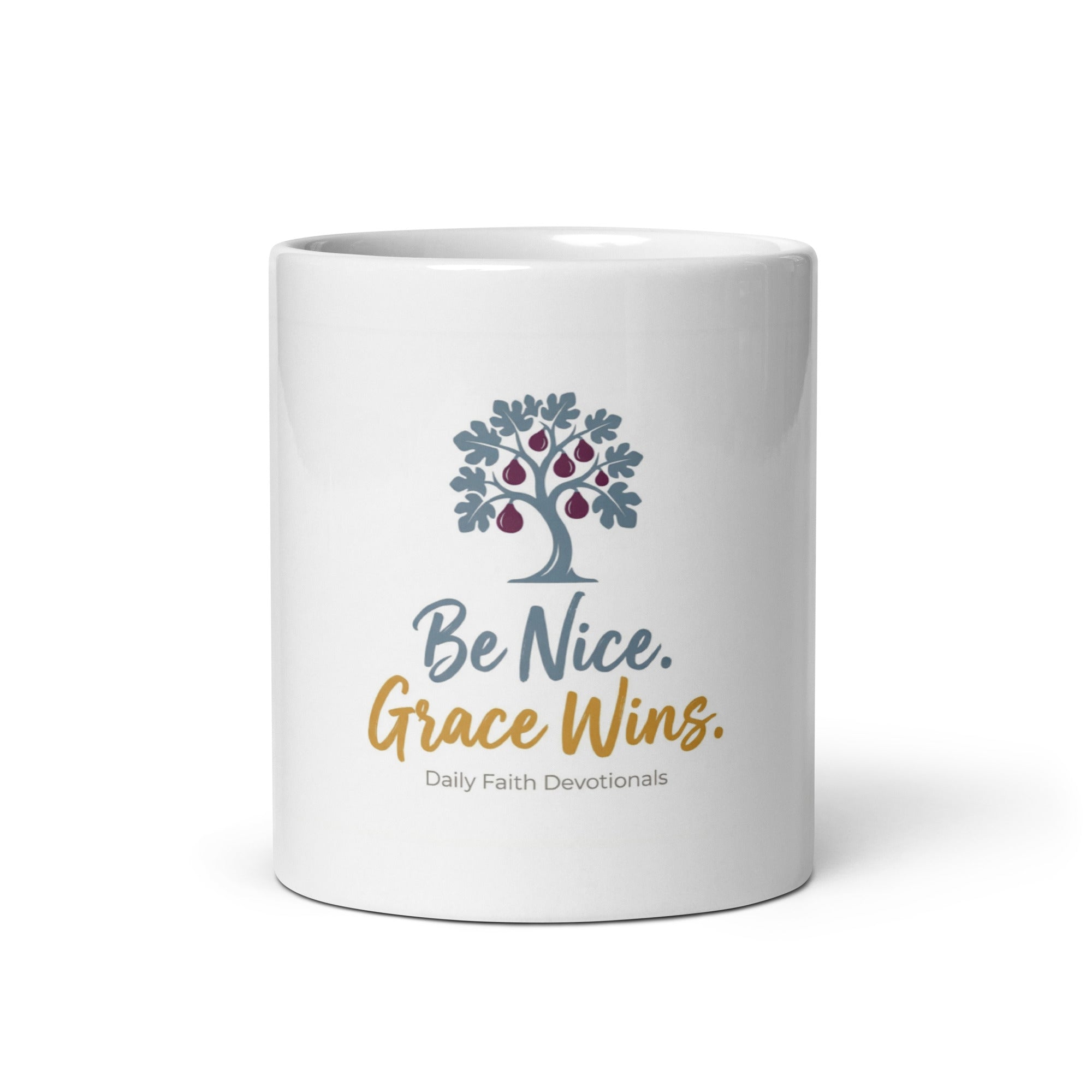 Be Nice Grace Wins Ceramic Mug, front white view